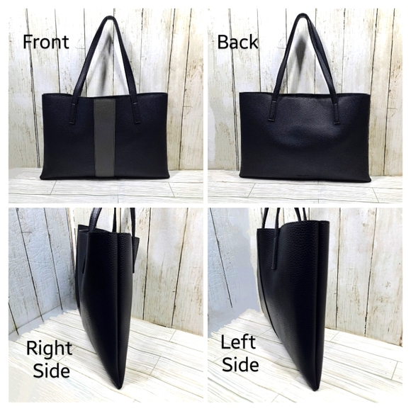 Vince Camuto Luck Vgn Lthr Black Gray Stripe 2Handle 2Pocket Slim OpenTop Tote - Picture 2 of 7